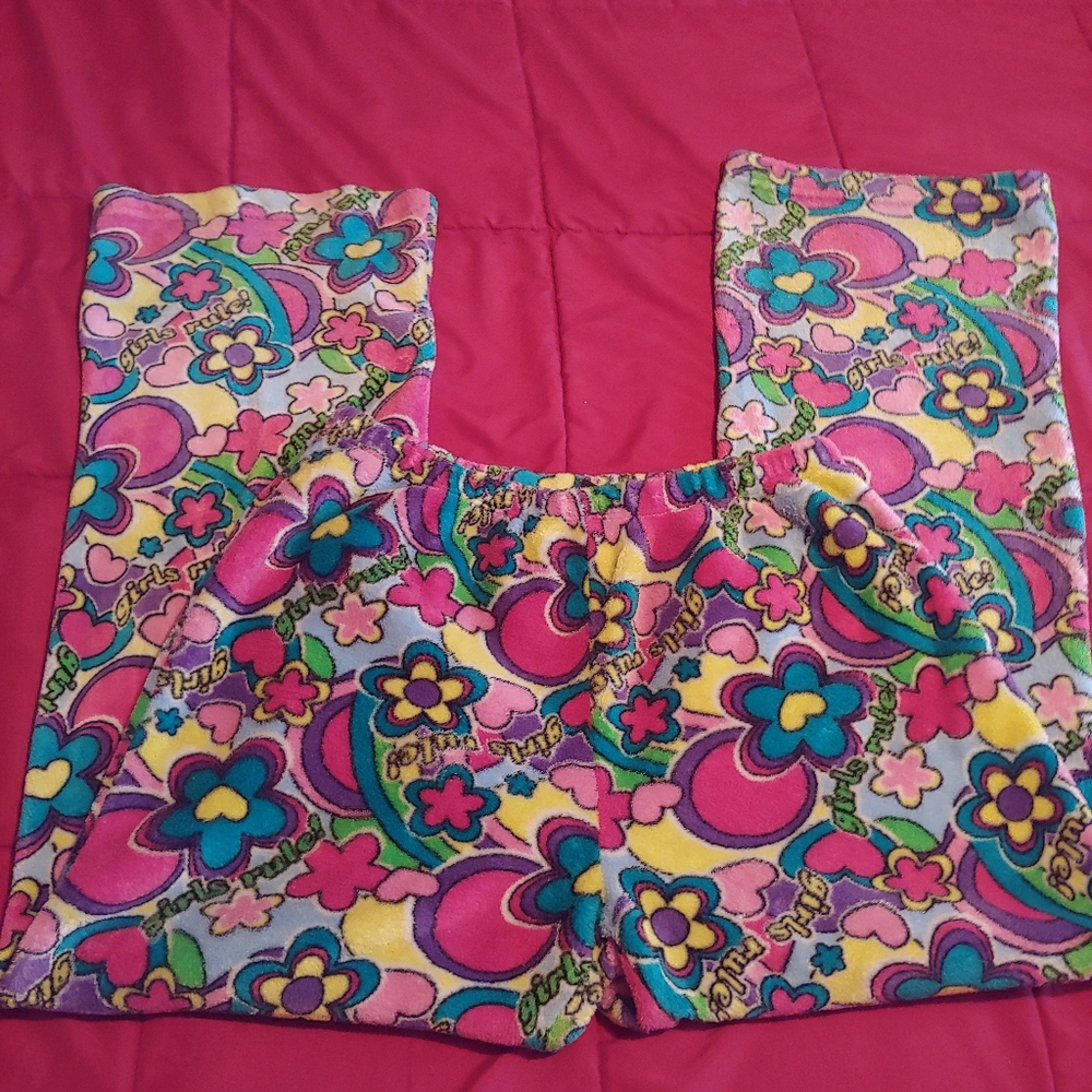 Fancy Girlz | Retro Style Flower Power Plush Flare Pajama Pants Bottoms L Large